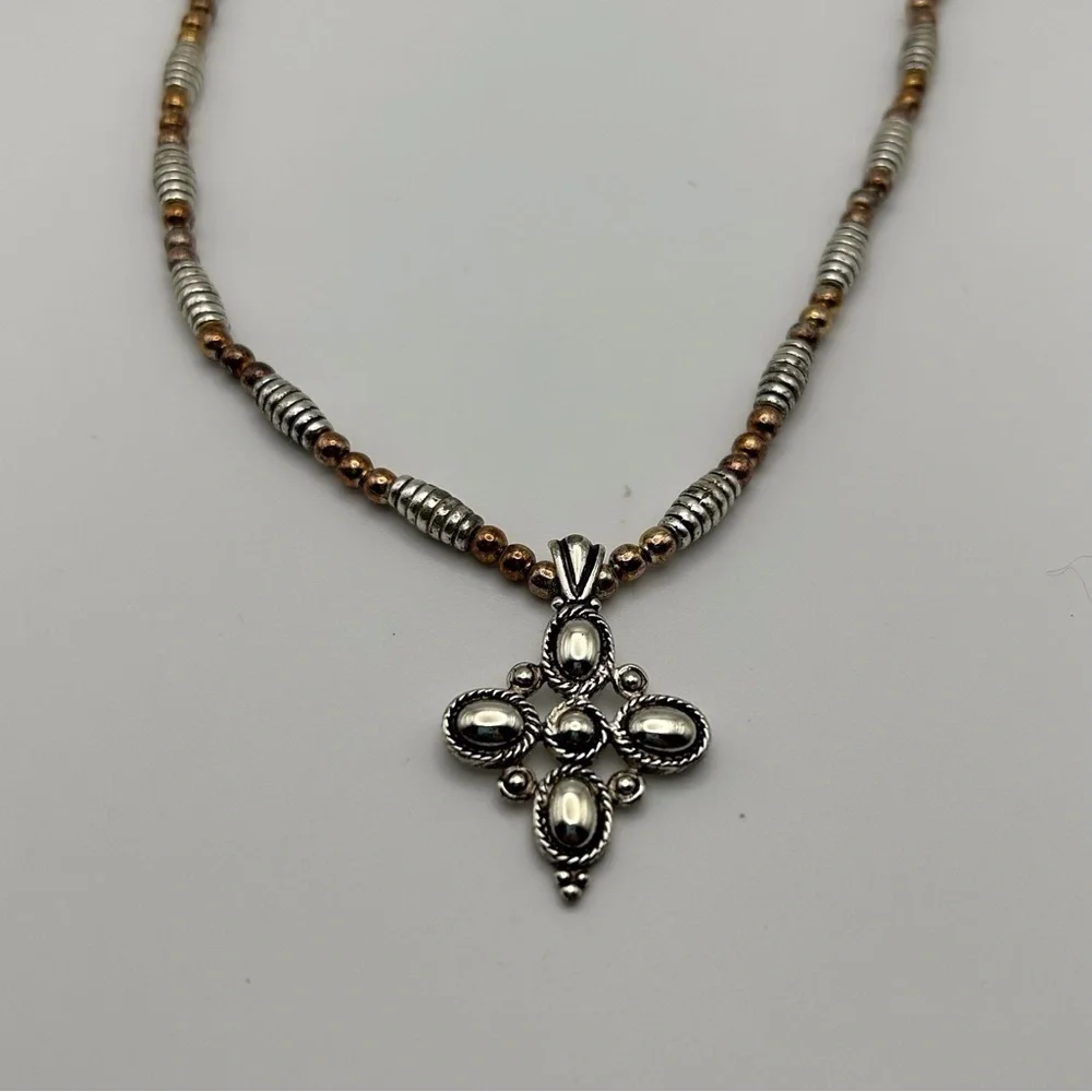 Vintage Napier Silver Tone Spiral Beaded with Bronze Beads Cross Flower Necklace